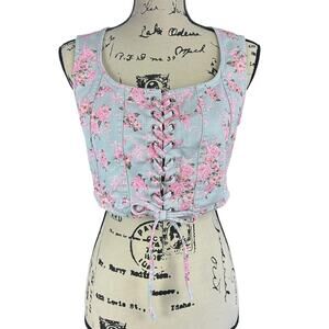 Blashe Y2K Corset Top Women Sze L Pastel  Blue Pink Cropped Floral Lace Up Front